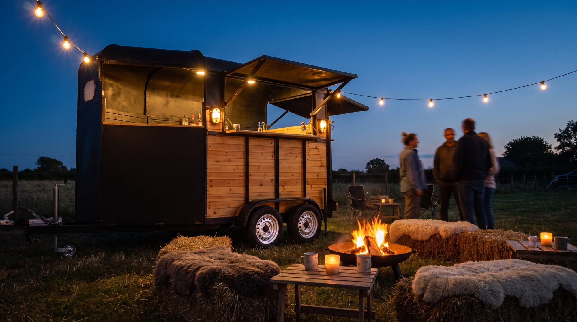 The Box lit up in the evening with a seating area and fire pit in front